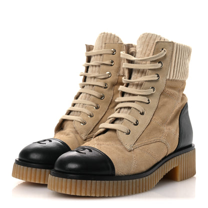 Chanel Suede Calfskin Velvet Quilted CC Combat Boots 37.5 Beige Black 4 of 14