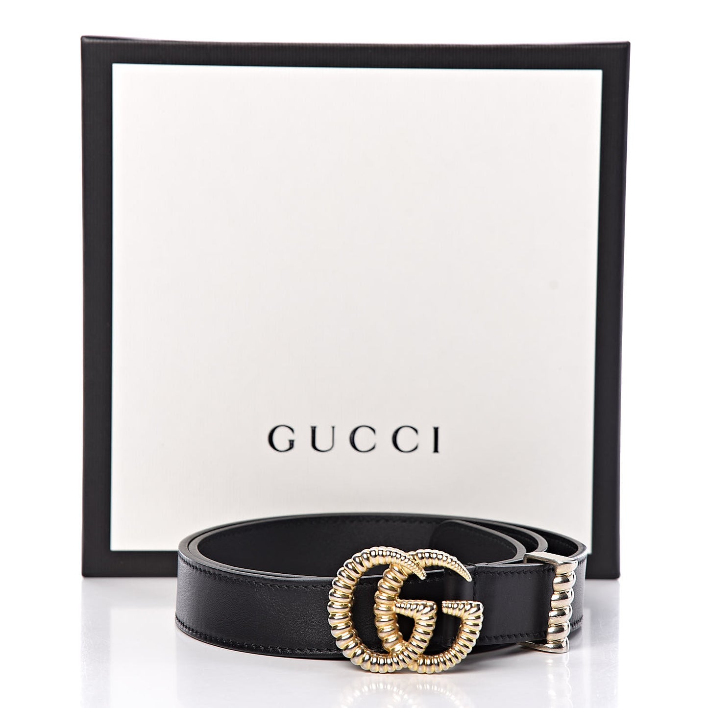 Moon Calfskin Torchon Double G 25mm Belt 80 32 Black