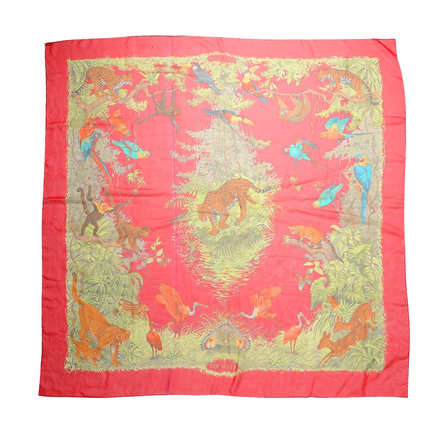 Hermes Silk Mousseline Equateur Shawl 140 Framboise Tilleul Bleu Canard 1 of 5