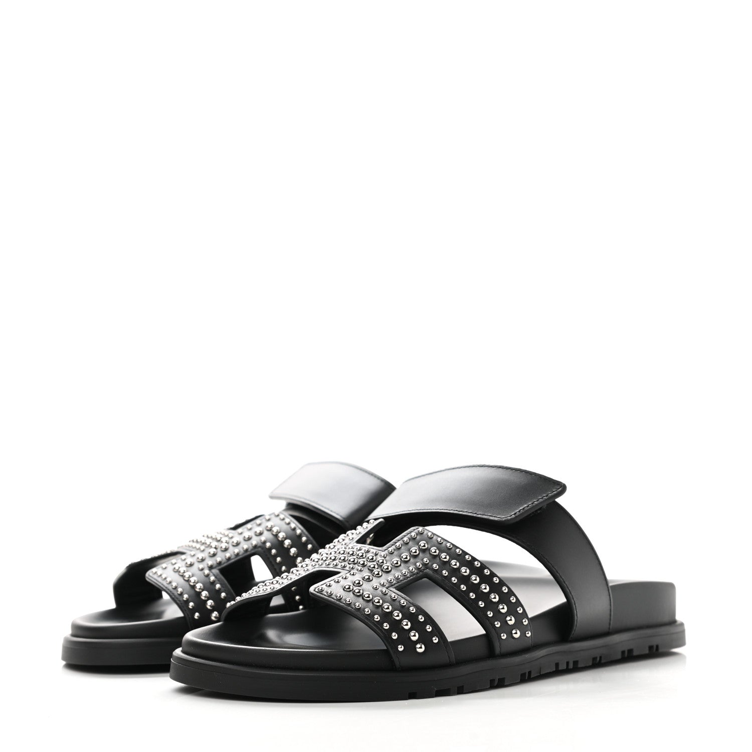 Hermes Mini Stud Calfskin Womens Chypre Sandals 37.5 Black 3 of 9