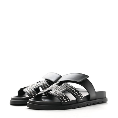 Hermes Mini Stud Calfskin Womens Chypre Sandals 37.5 Black 3 of 9
