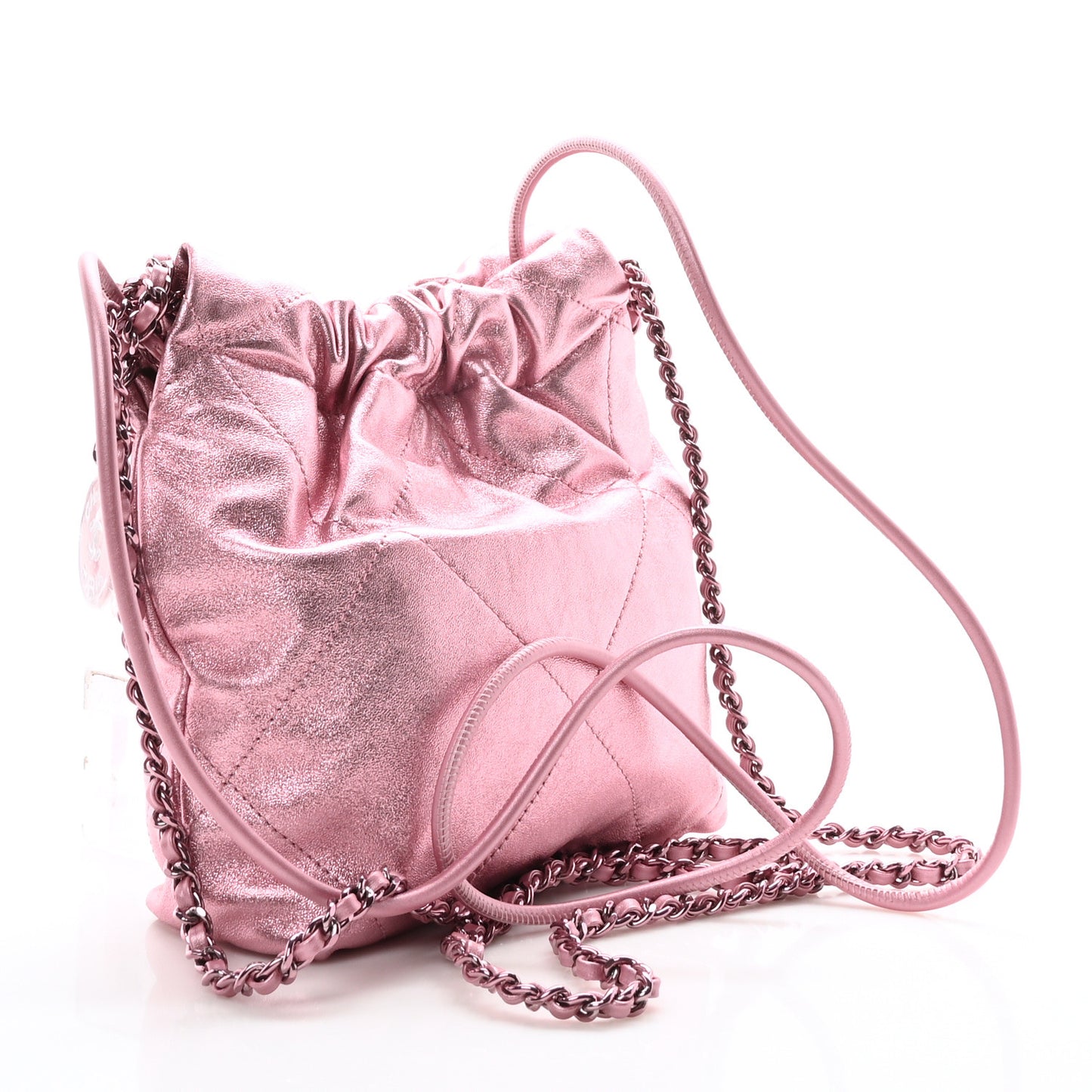 Metallic Lambskin Lacquered Monochrome Quilted Mini Chanel 22 Pink
