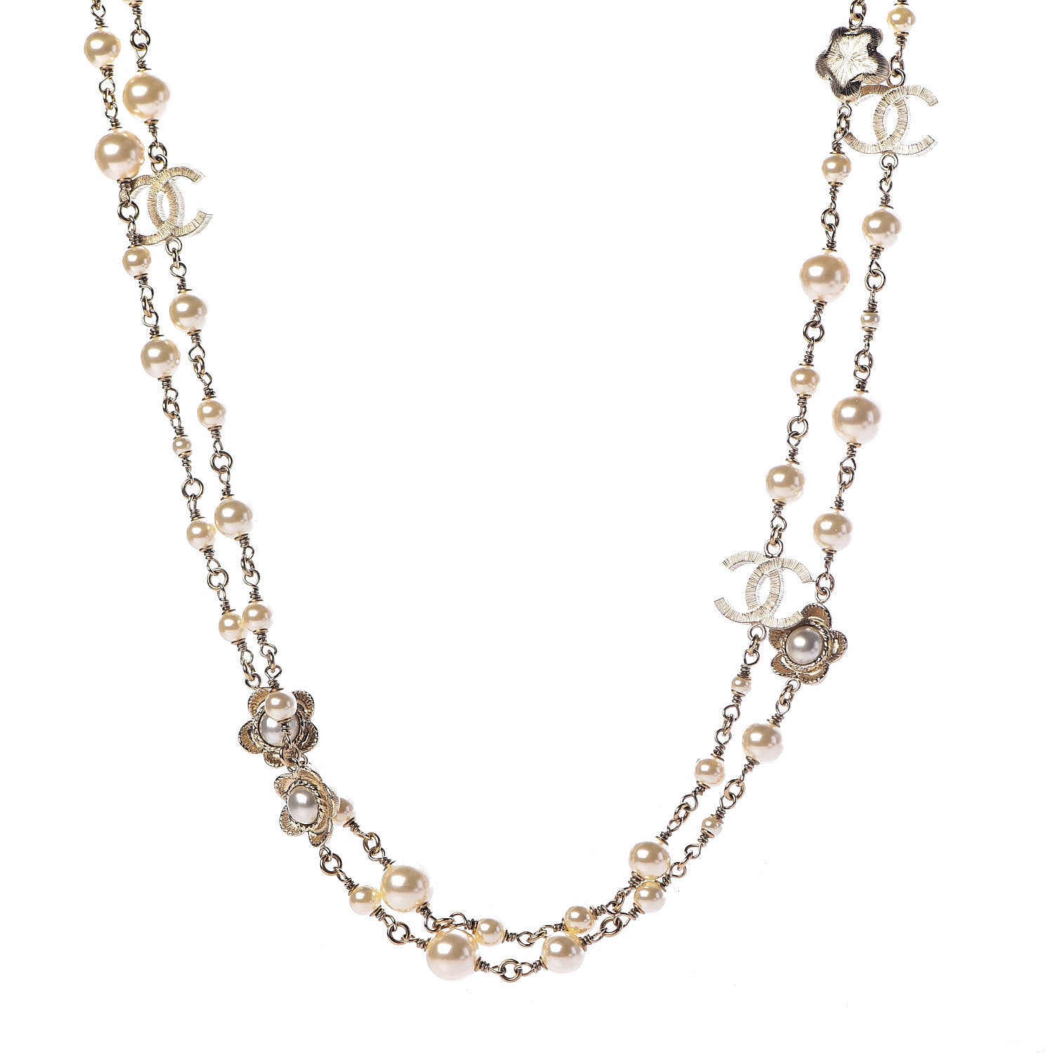 Chanel Pearl Crystal Flower CC Long Necklace Golden Pearly White 1 of 5