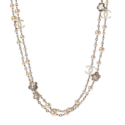 Chanel Pearl Crystal Flower CC Long Necklace Golden Pearly White 1 of 5