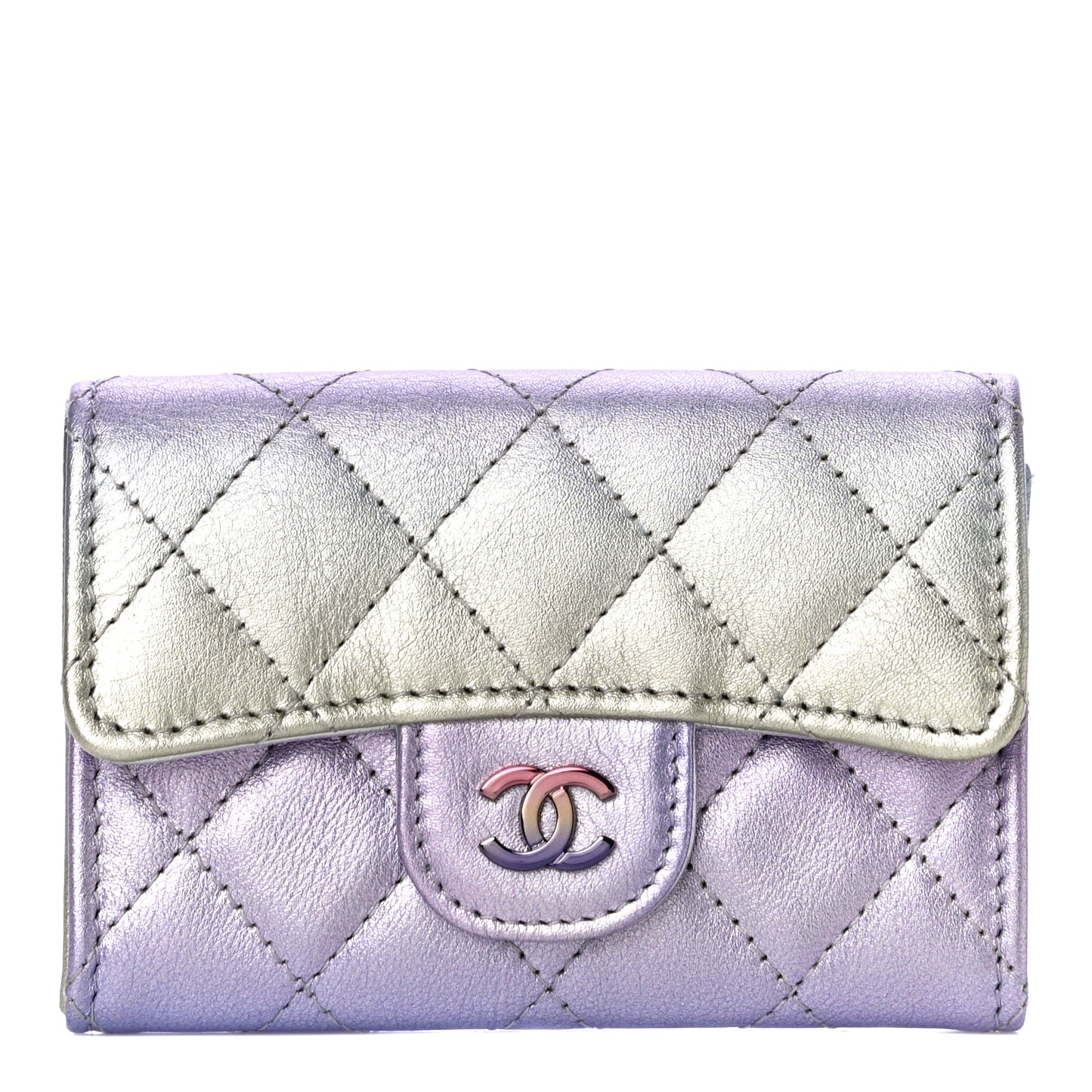 Gradient Metallic Calfskin Quilted Flap Card Holder Wallet Silver Blue Yellow Purple