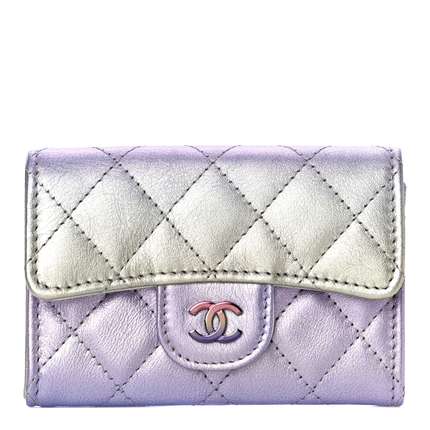 Chanel Gradient Metallic Calfskin Quilted Flap Card Holder Wallet Silver Blue Yellow Purple 1 of 12