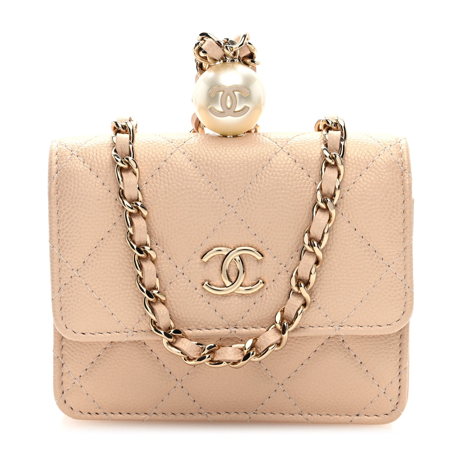 Chanel Iridescent Caviar Quilted Pearl Card Holder On Chain Beige 1 of 10