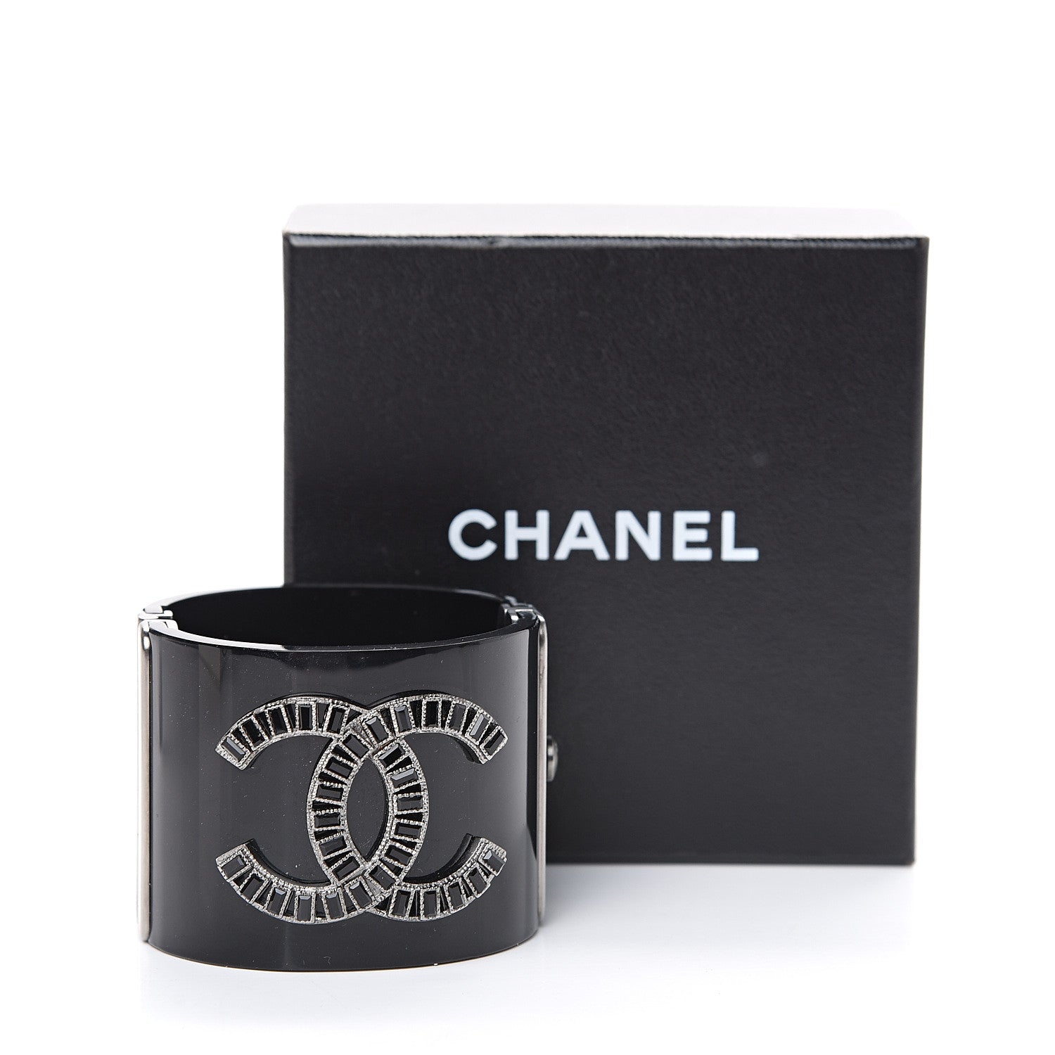 Chanel Resin Baguette Crystal CC Cuff Black 5 of 5