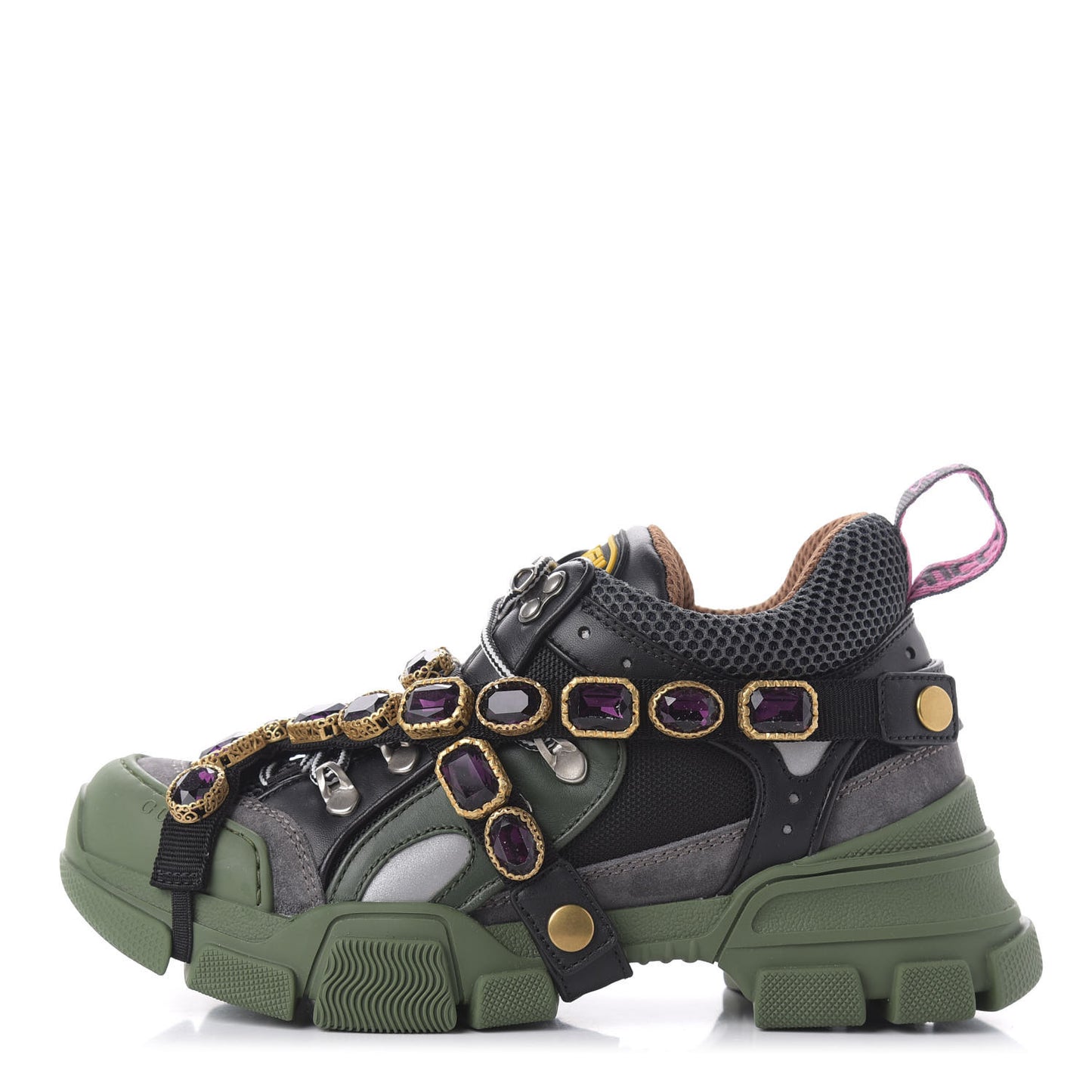 X SEGA Mesh Suede Calfskin Removable Crystals Flashtrek Sneakers 37 Loess Black Olive Green