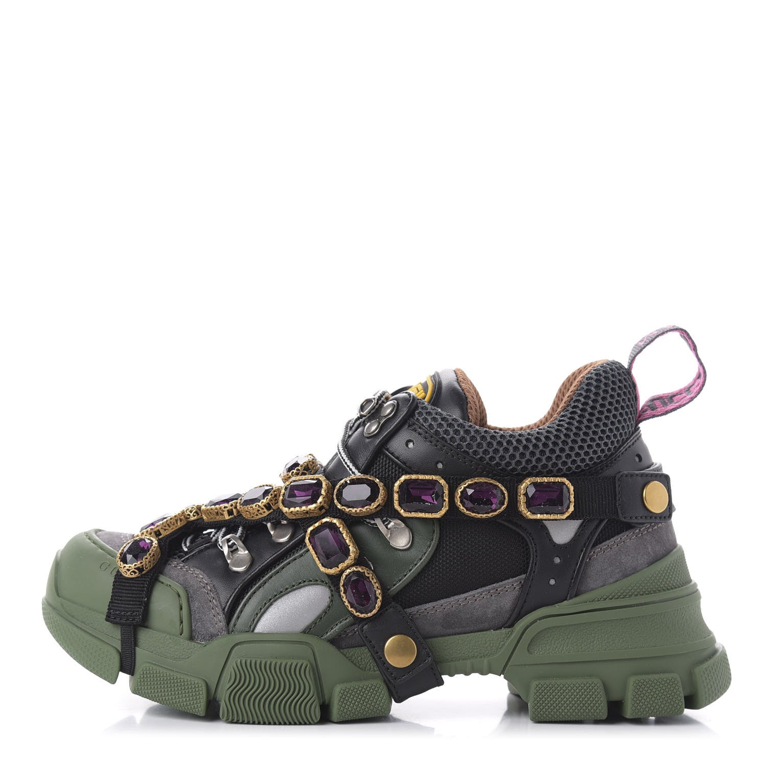 Gucci X SEGA Mesh Suede Calfskin Removable Crystals Flashtrek Sneakers 37 Loess Black Olive Green 1 of 10
