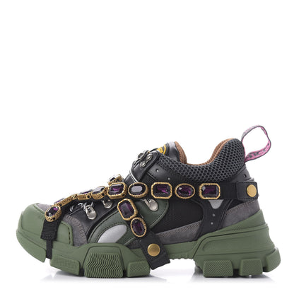 Gucci X SEGA Mesh Suede Calfskin Removable Crystals Flashtrek Sneakers 37 Loess Black Olive Green 1 of 10