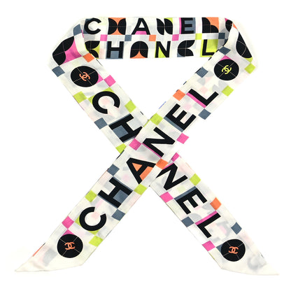 Chanel Silk Logo Slim Bandeau Scarf White Black Orange 2 of 8