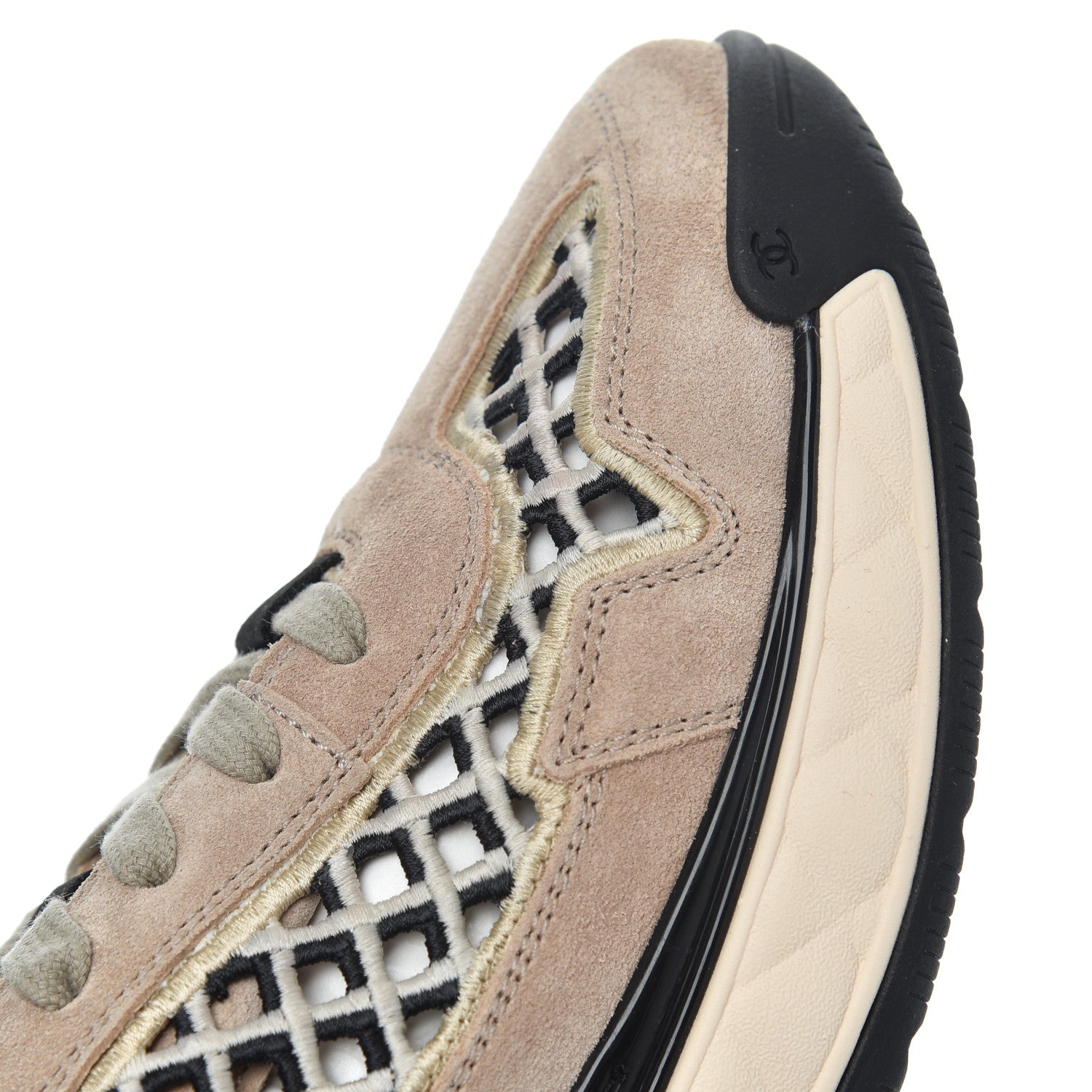 Chanel Suede Calfskin Embroidered CC Sneakers 41 Beige Black 15 of 17