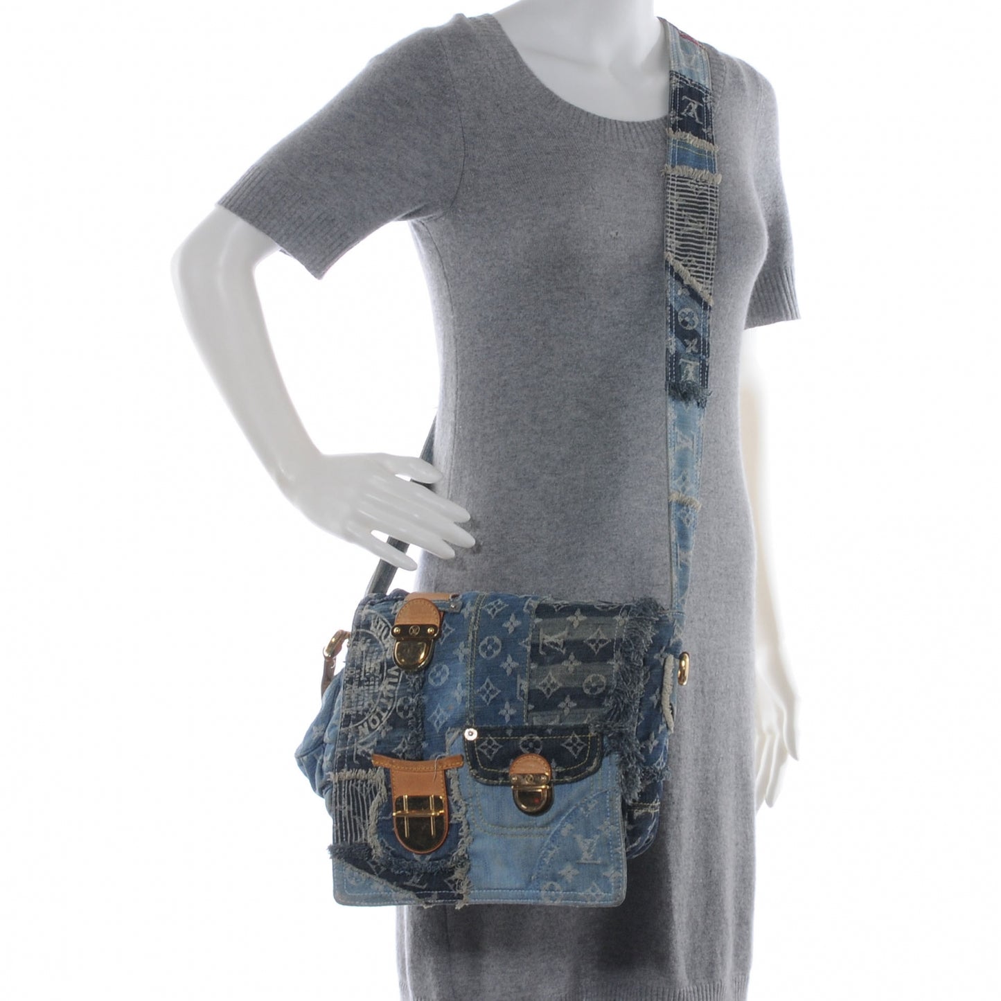 Denim Patchwork Posty Messenger Bag Blue