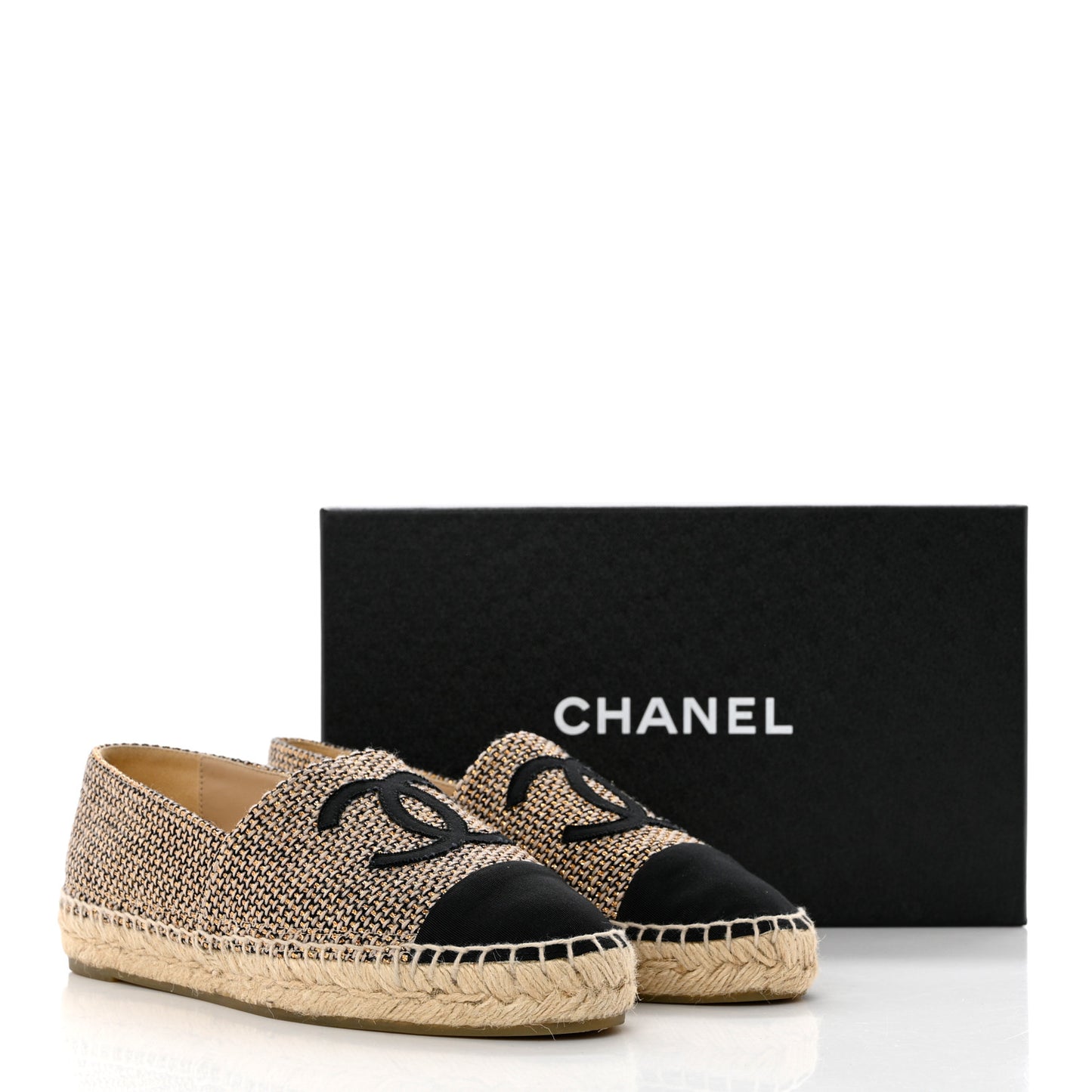 Tweed Grosgrain CC Espadrilles 39 Gold Beige Black