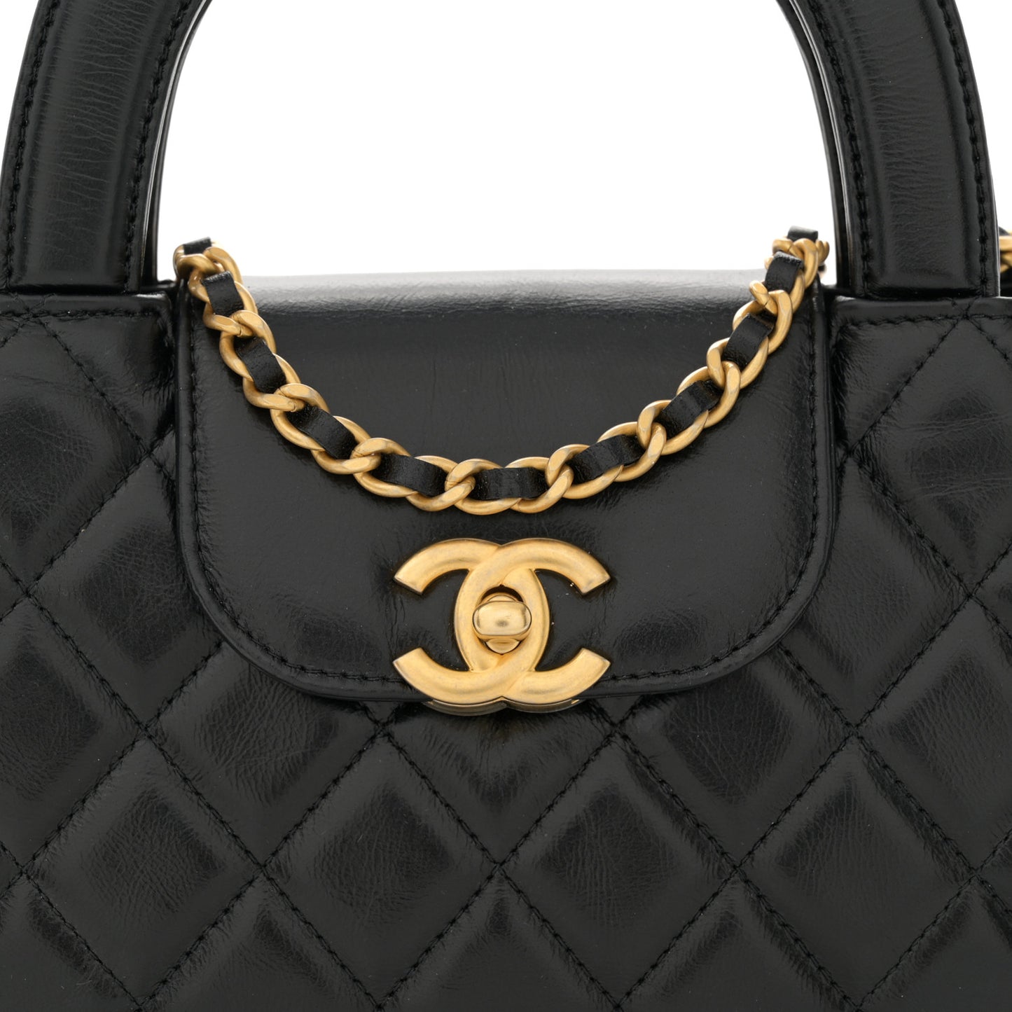 Shiny Aged Calfskin Quilted Nano Kelly Shopper Black