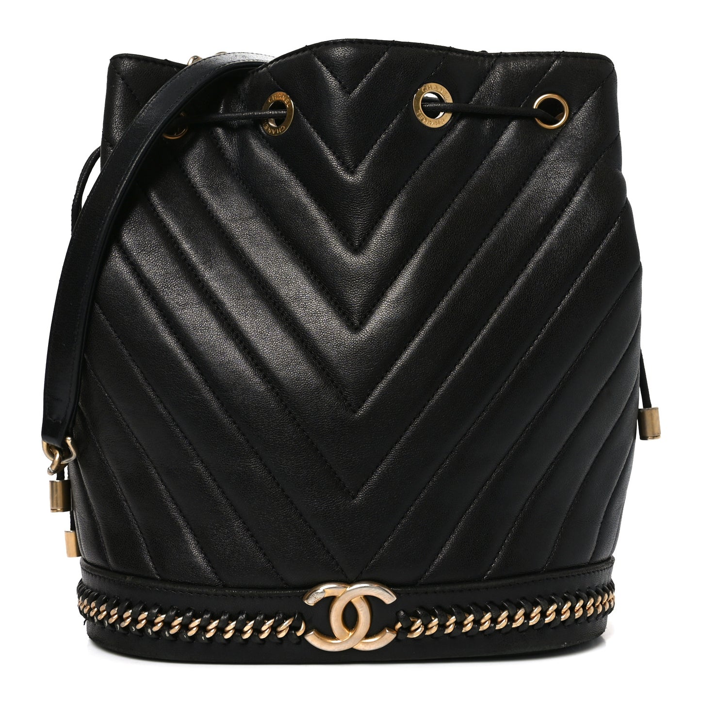 Sheepskin Chevron Quilted Drawstring Bag Black