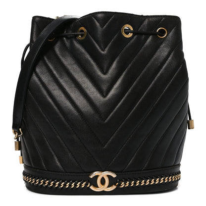 Chanel Sheepskin Chevron Quilted Drawstring Bag Black 1 of 10