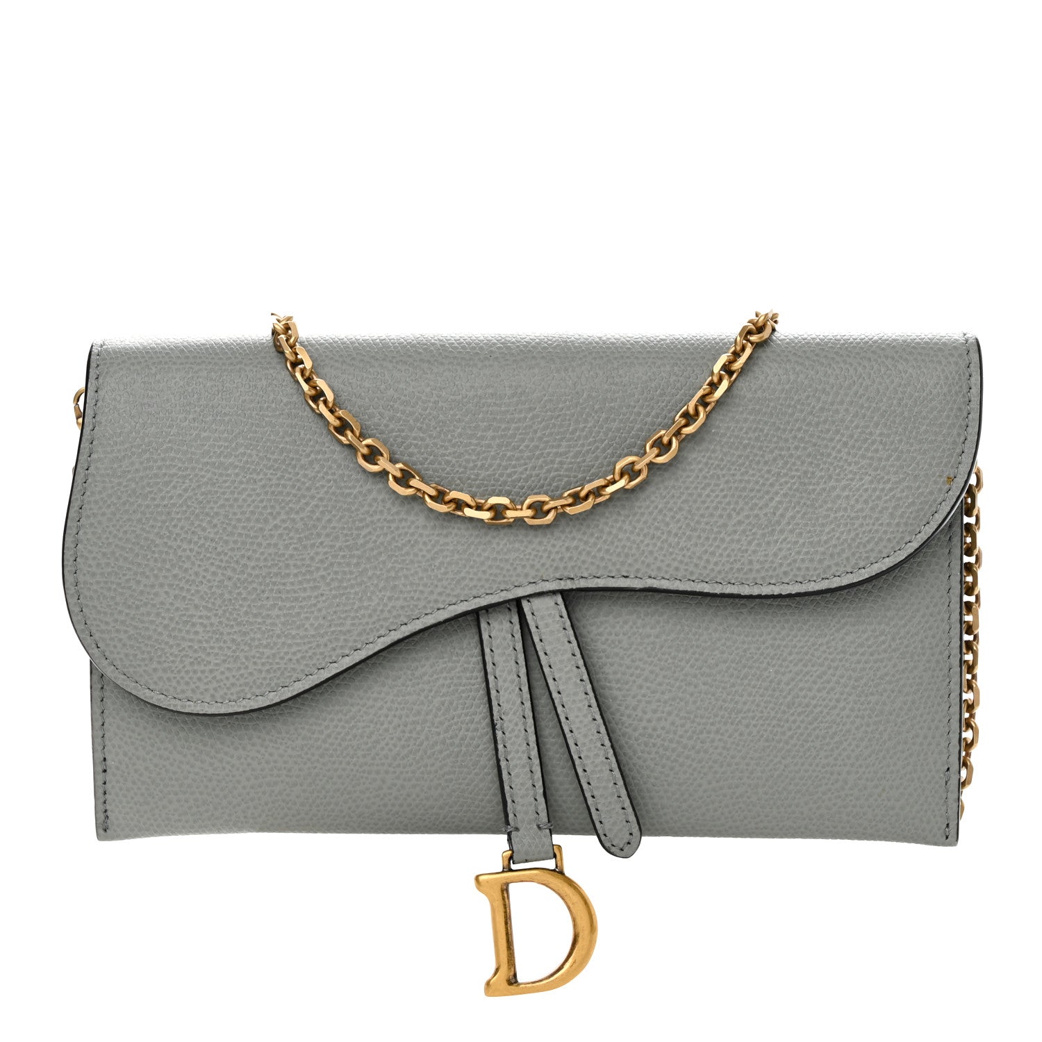 Christian Dior Grained Calfskin Saddle Chain Wallet Pouch Grey Stone 3 of 15