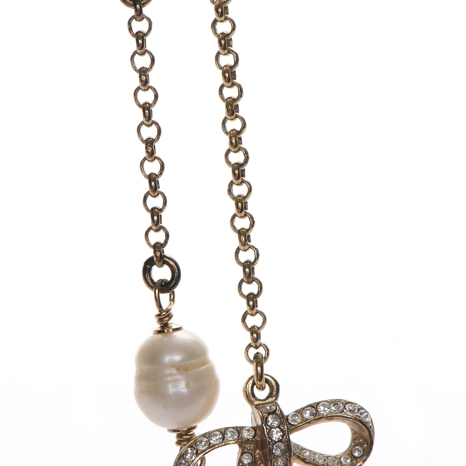 Chanel Crystal Pearl CC Bow Long Necklace Light Gold 6 of 9