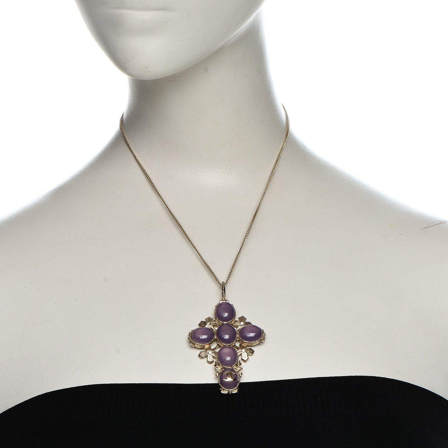 Gripoix Poured Glass Crystal CC Cross Necklace Gold