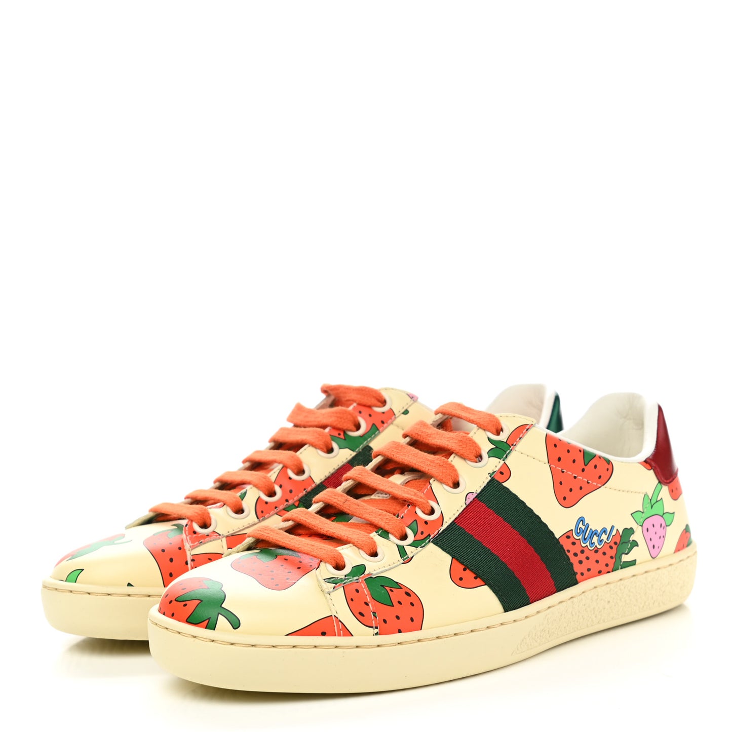 Calfskin Web Strawberry Print Womens Ace Sneakers 36 Ivory Red Green