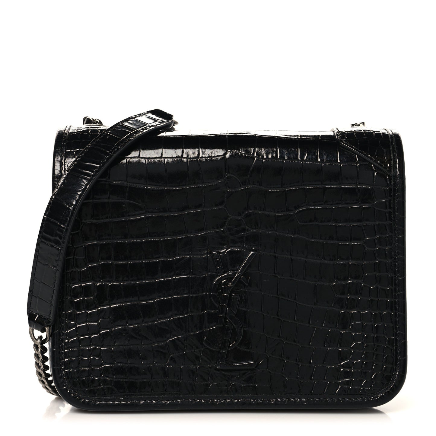 Crocodile Embossed Lambskin Matelasse Monogram Niki Chain Wallet Black
