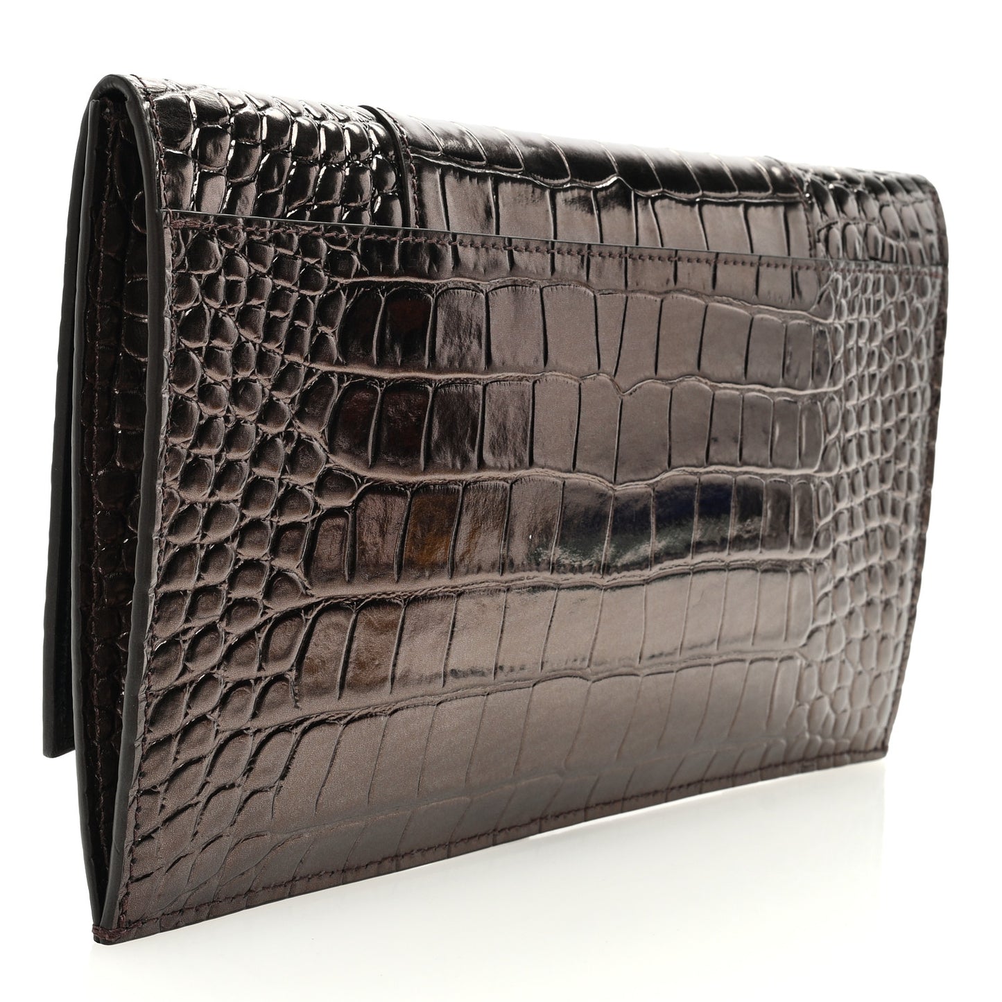 Shiny Calfskin Crocodile Embossed Hourglass Flap Flat Pouch Dark Bronze