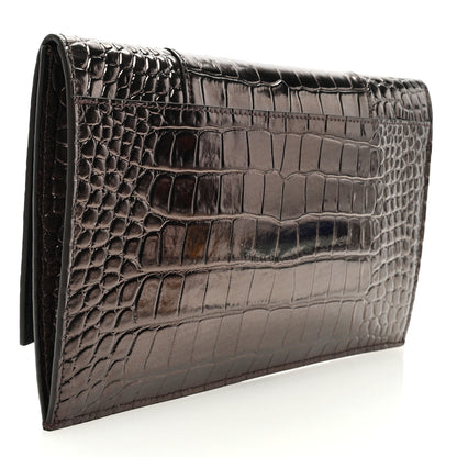 Balenciaga Shiny Calfskin Crocodile Embossed Hourglass Flap Flat Pouch Dark Bronze 3 of 6