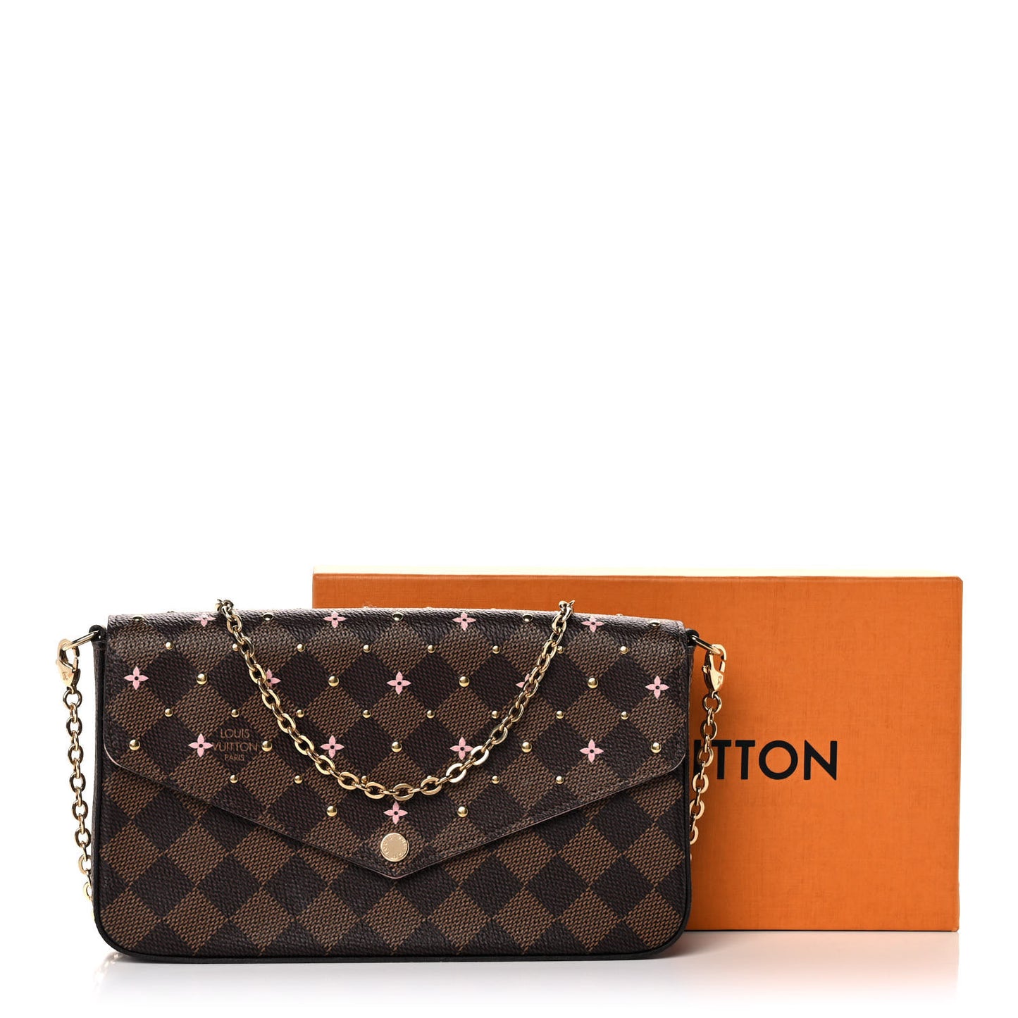 Damier Ebene Studded Pochette Felicie Chain Wallet