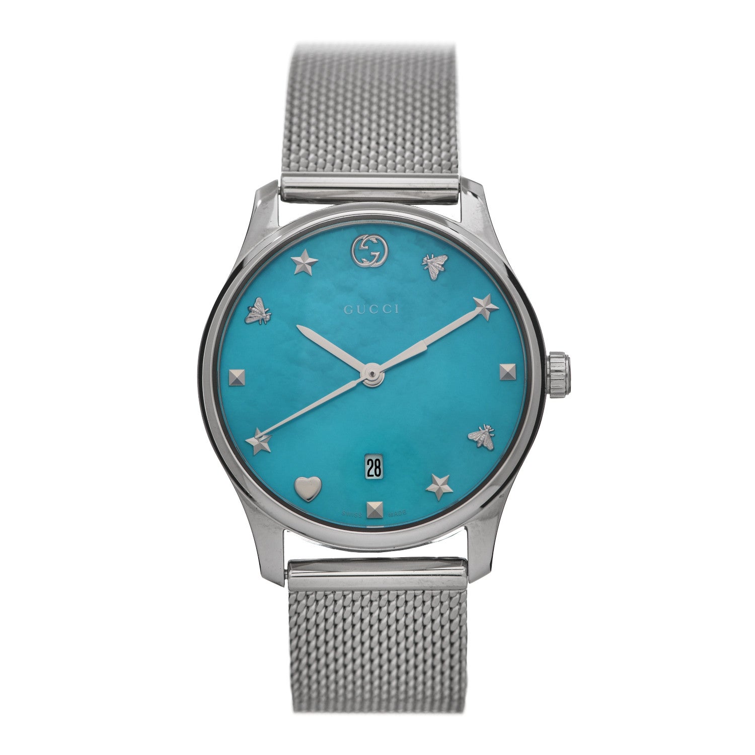 Gucci Stainless Steel Turquoise Mother of Pearl 29mm G-Timeless Charm Quartz Watch 1 of 5