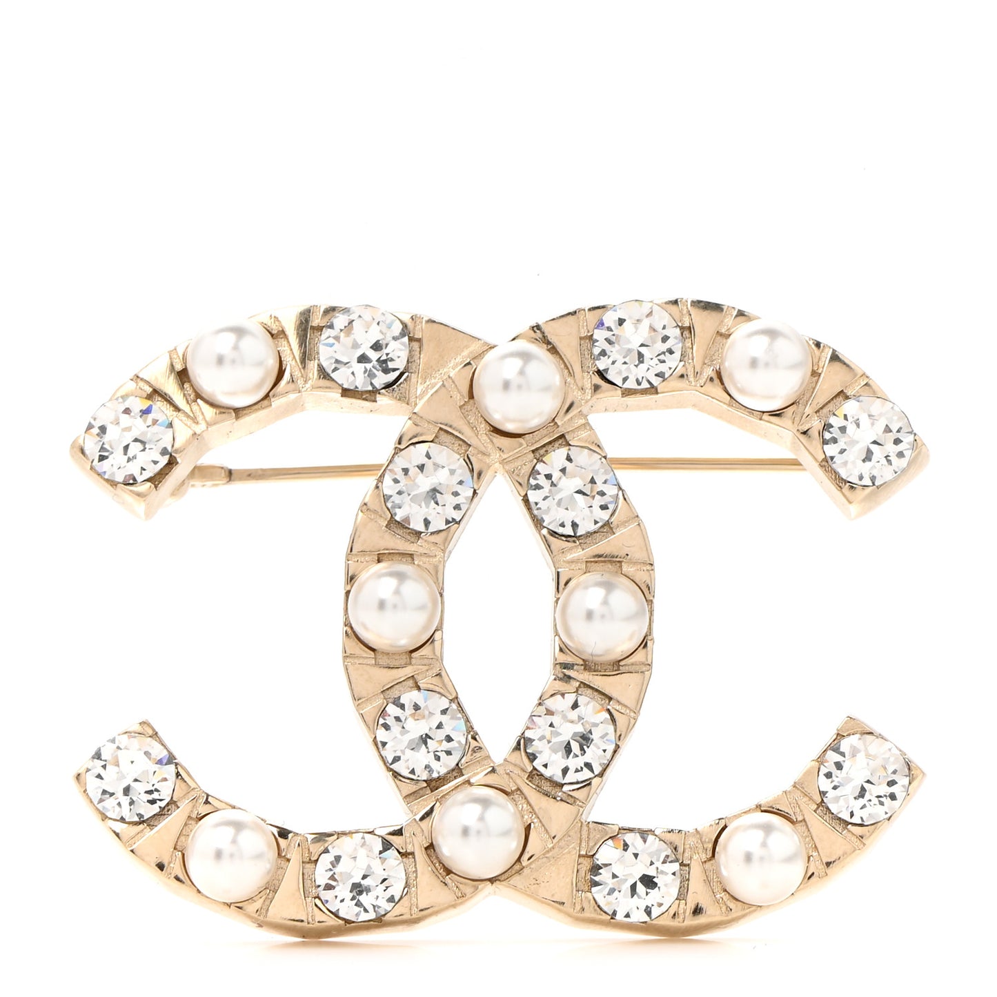 Pearl Crystal CC Brooch Gold