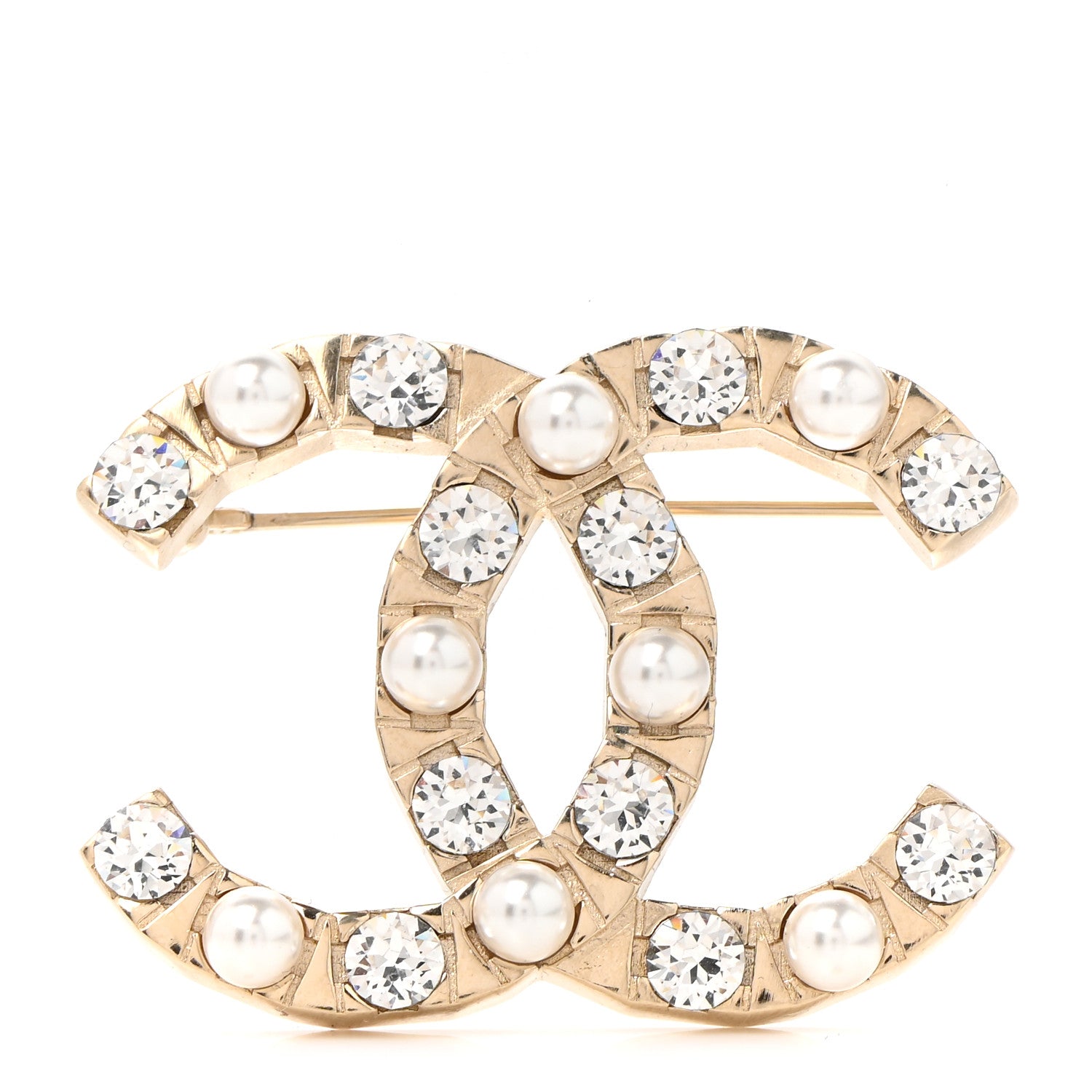 Chanel Pearl Crystal CC Brooch Gold 1 of 5