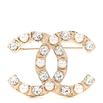 Chanel Pearl Crystal CC Brooch Gold 1 of 5