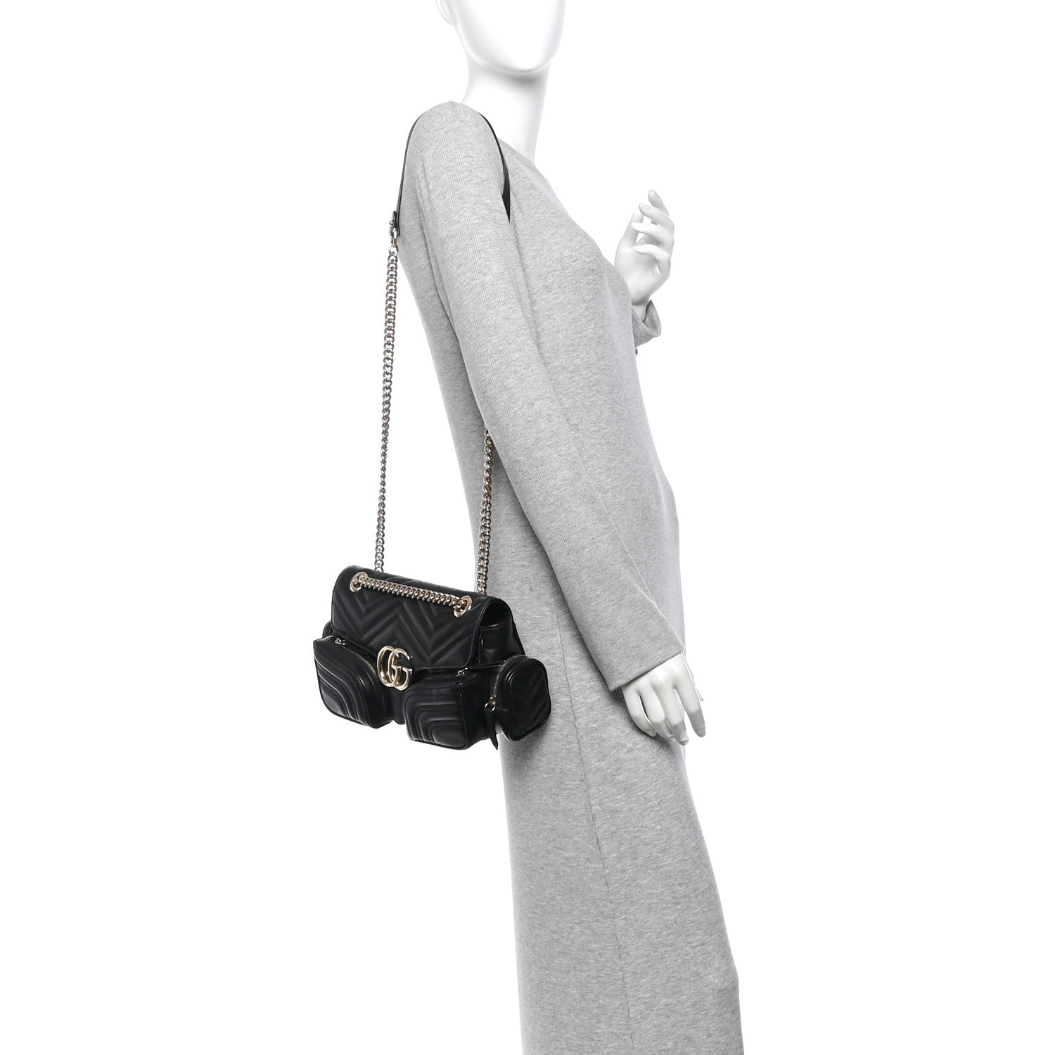 Gucci Calfskin Matelasse Small GG Marmont Multi Pocket Shoulder Bag Black 2 of 10