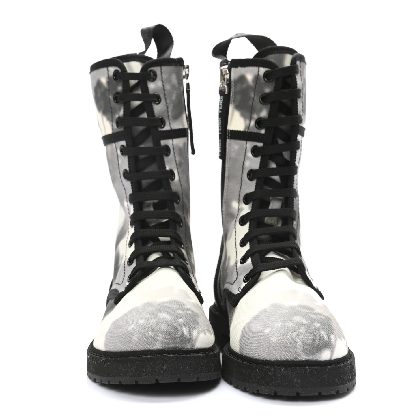 Canvas Floral Print Logo Bi-Color Womens Biker Boots 35.5 White Black