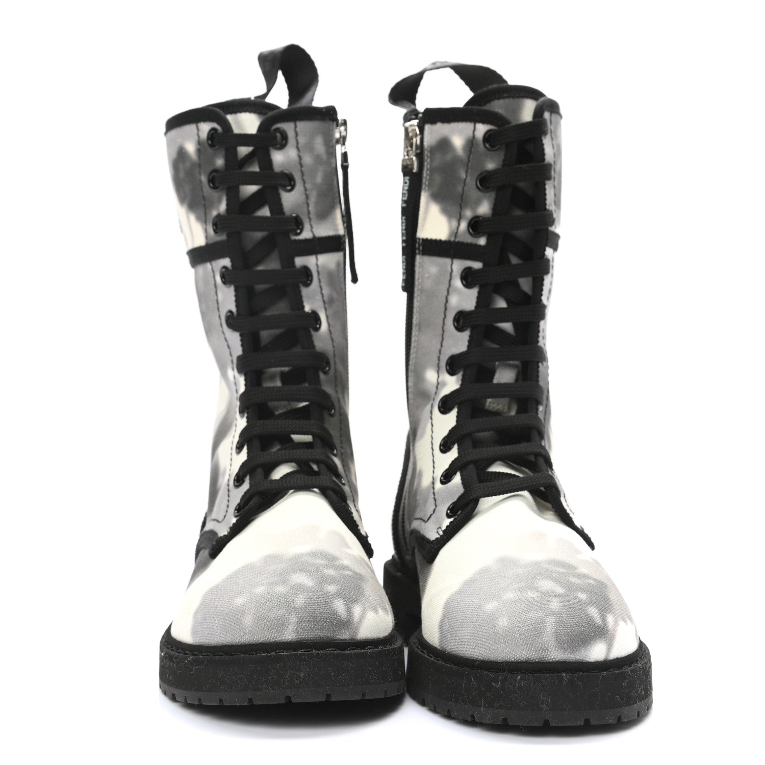 Fendi Canvas Floral Print Logo Bi-Color Womens Biker Boots 35.5 White Black 2 of 6