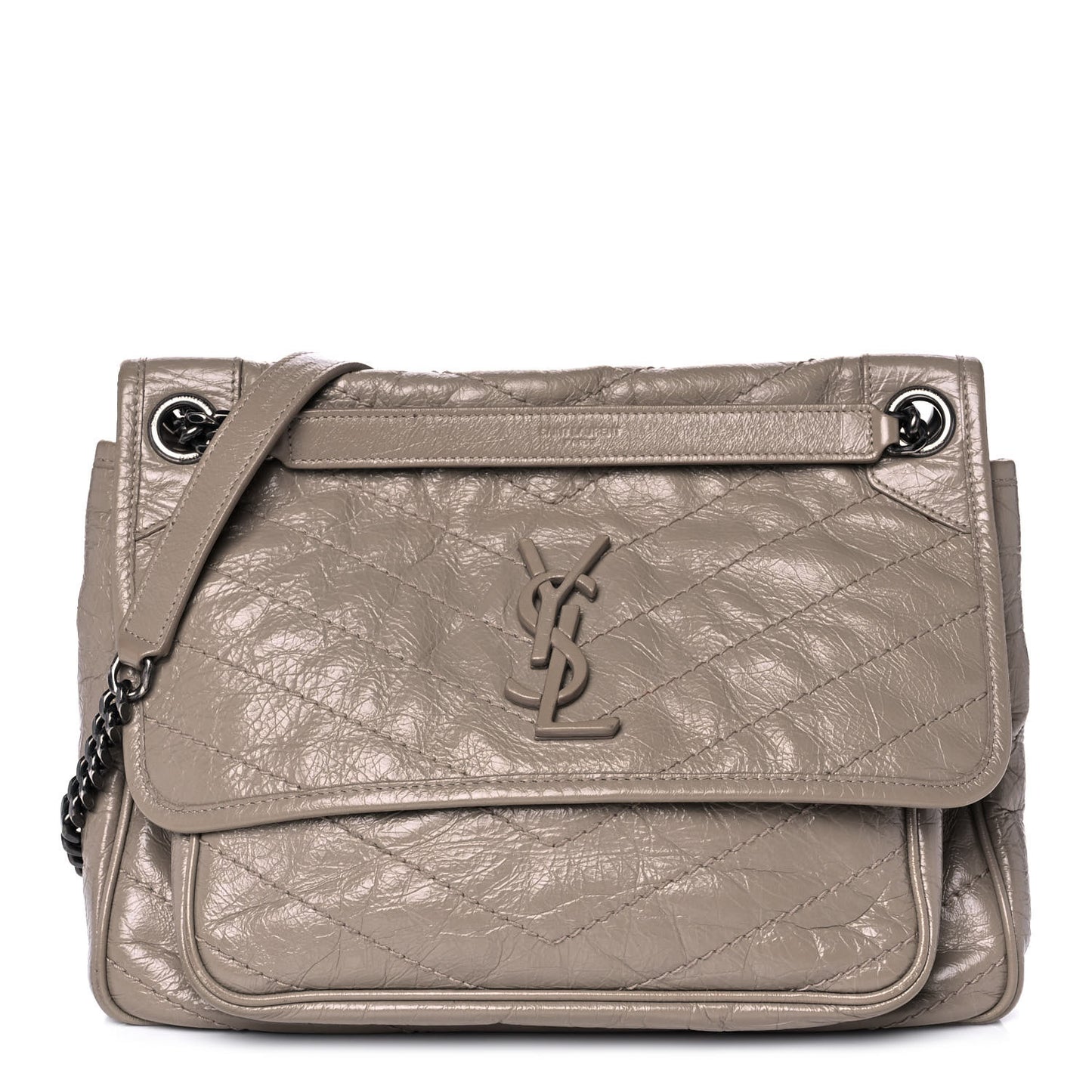 Crinkled Calfskin Matelasse Monogram Medium Niki Chain Satchel Light Taupe