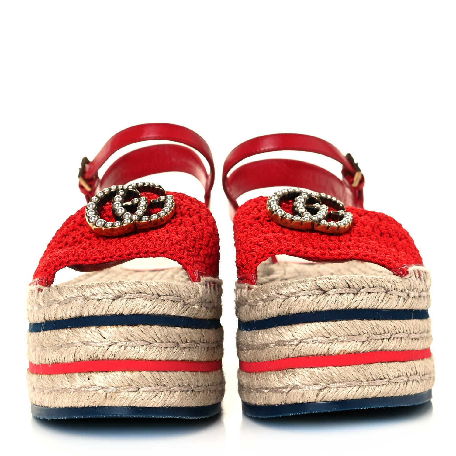 Gucci Cotton Malaga Kid Crochet Pearly GG Lilibeth Espadrille Platform Sandals 37 Hibiscus Red 2 of 10
