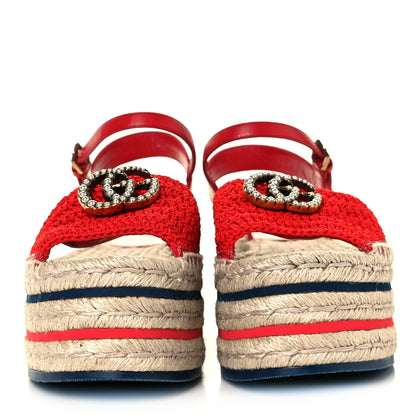 Gucci Cotton Malaga Kid Crochet Pearly GG Lilibeth Espadrille Platform Sandals 37 Hibiscus Red 2 of 10