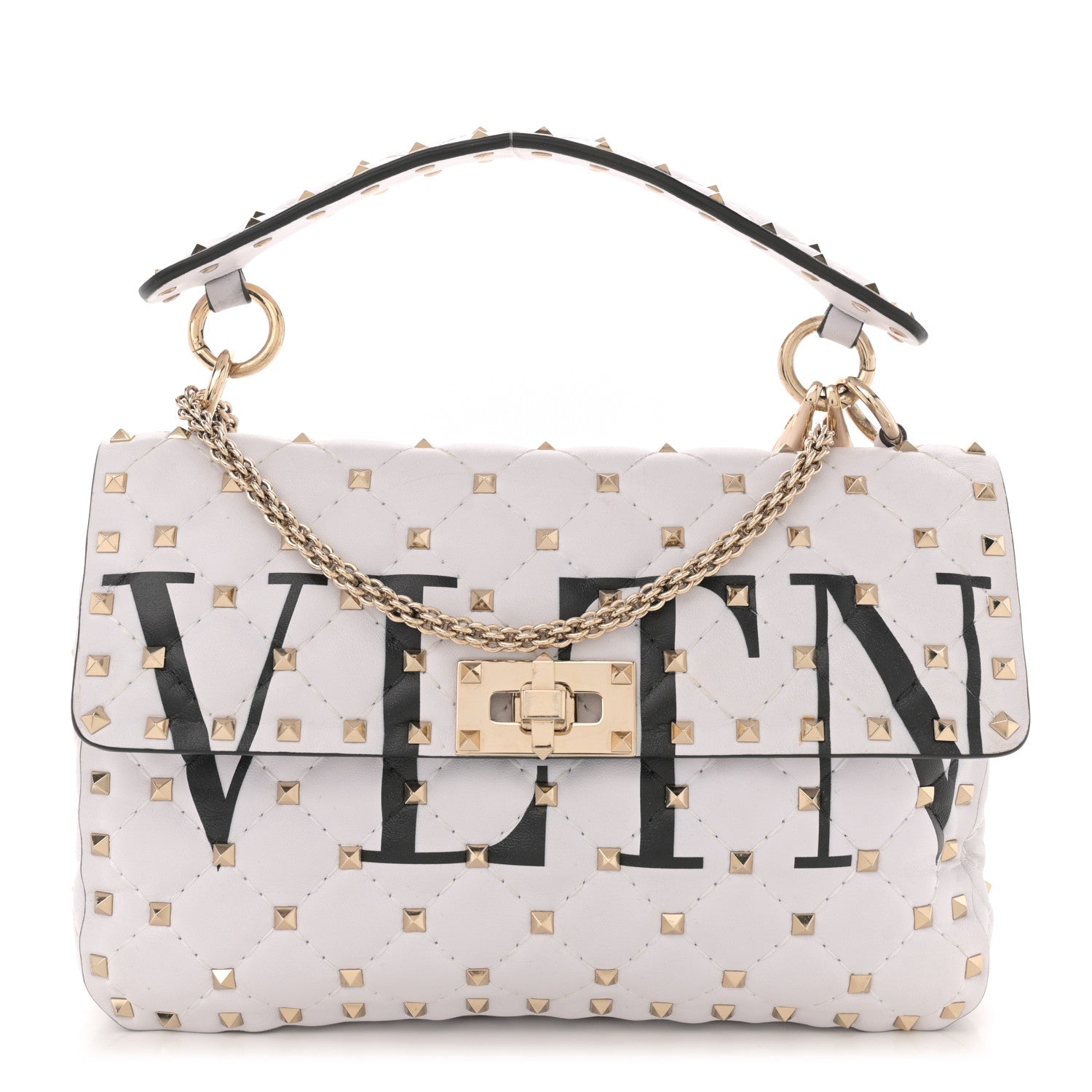 Valentino Garavani Lambskin VLTN Print Medium Rockstud Spike Shoulder Bag Optic White Black 1 of 10