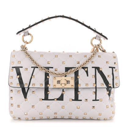 Valentino Garavani Lambskin VLTN Print Medium Rockstud Spike Shoulder Bag Optic White Black 1 of 10