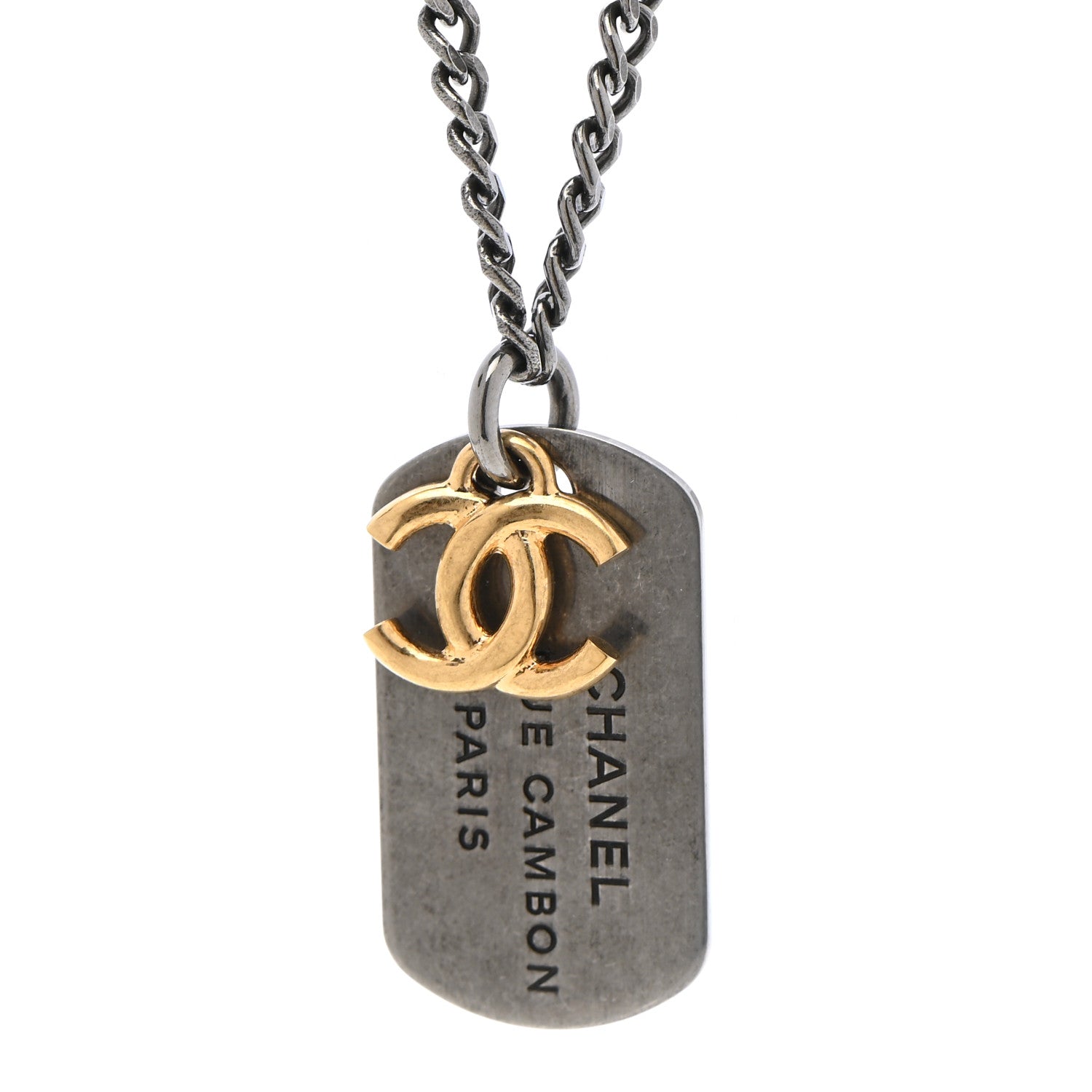 Chanel Ruthenium ID Dog Tag Charm Necklace Silver Gold 4 of 6