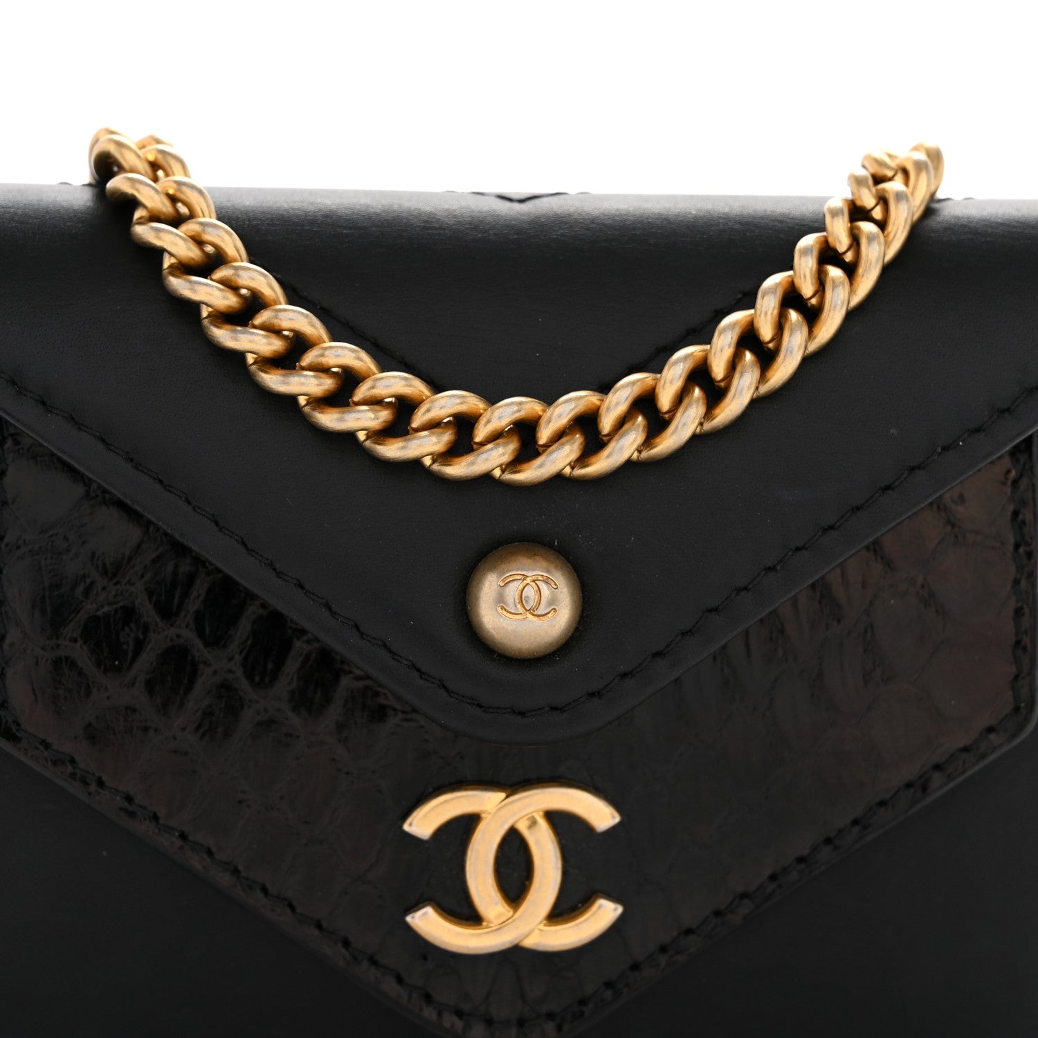 Chanel Snakeskin Calfskin Embossed Chevron Quilted CC Chain Wallet Black 9 of 11