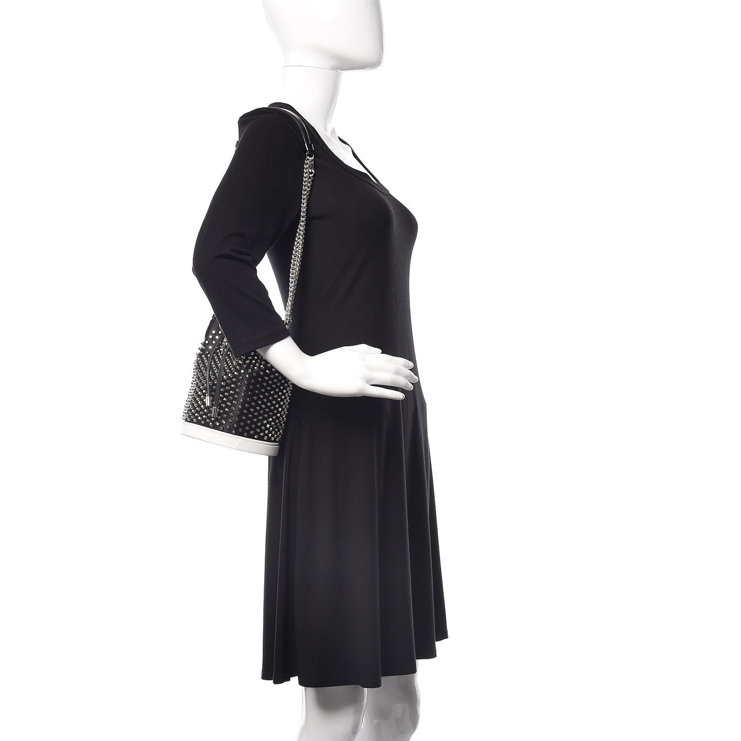 Silk Satin Calfskin Marie Jane Loubirun Studded Bucket Black Silver