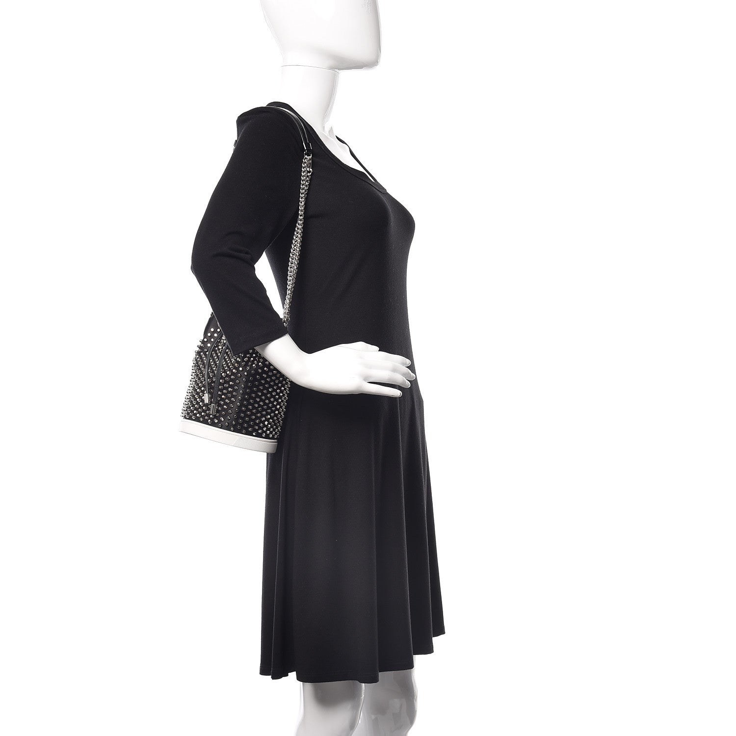 Christian Louboutin Silk Satin Calfskin Marie Jane Loubirun Studded Bucket Black Silver 3 of 12