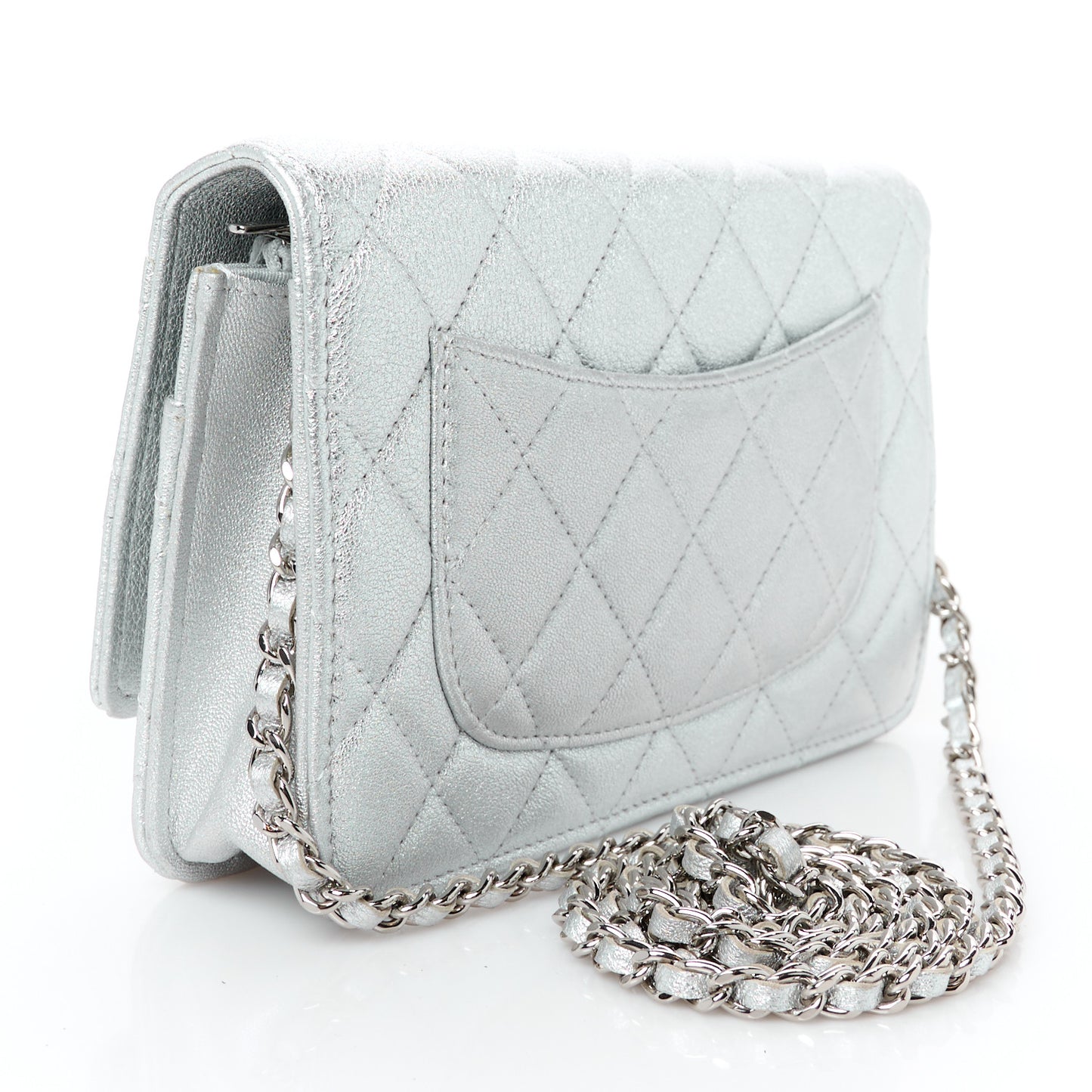 Metallic Lambskin Quilted Wallet On Chain WOC Silver