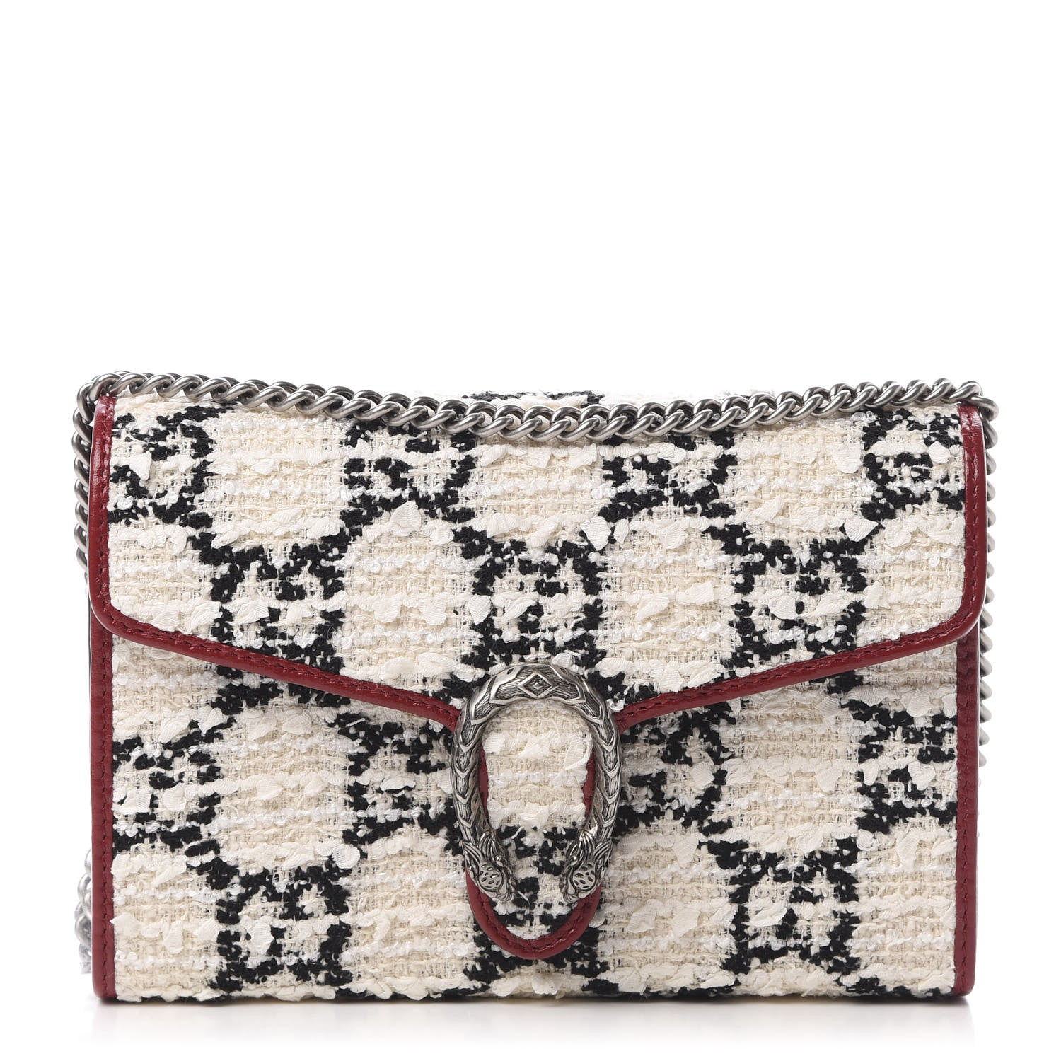 Gucci Tweed GG Monogram Mini Dionysus Chain Wallet White Black Romantic Cherry 1 of 11