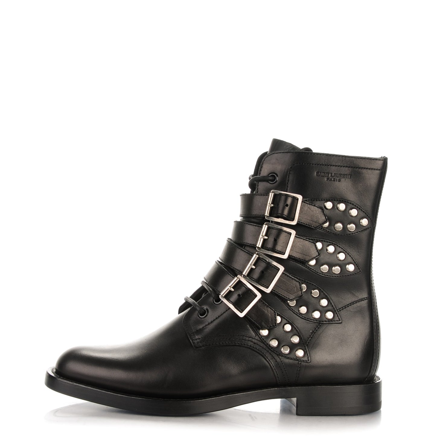 Smooth Calfskin Studded Strap Rangers Boots 40 Black