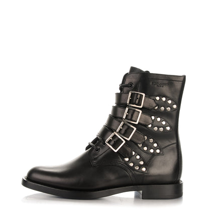 Saint Laurent Smooth Calfskin Studded Strap Rangers Boots 40 Black 1 of 9